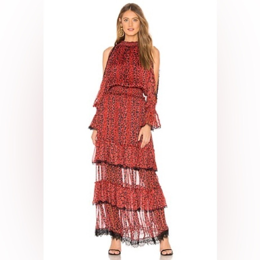 ROCOCO SAND Cold Shoulder Long Dress with ruffles in Red & Black size Medium